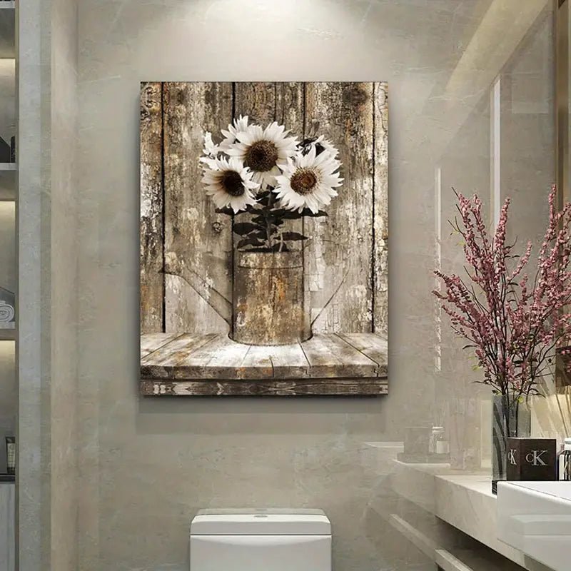 Rustic floral sunflower canvas wall art featuring vibrant yellow sunflowers and greenery, ideal for home decor.