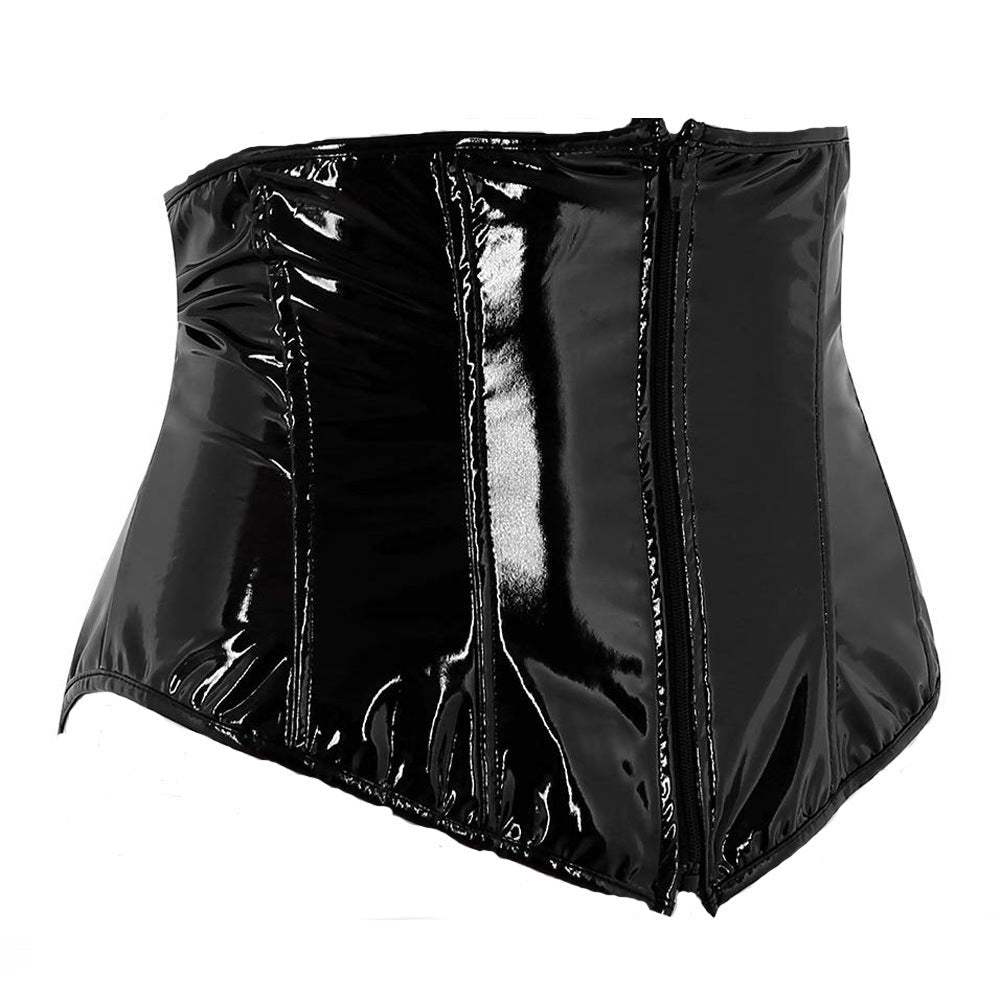 Sexy short black PU leather waist clip corset for women, featuring a form-fitting design and adjustable straps.