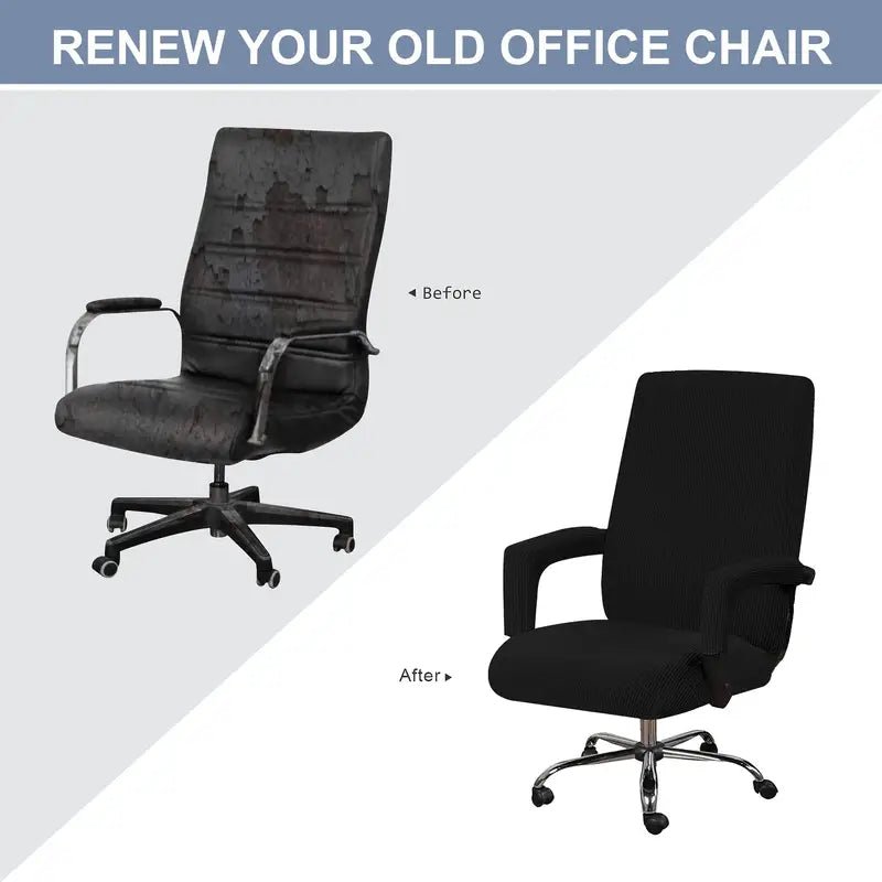 Stretchable non-slip chair cover for home office, fitted over a chair to protect and enhance its appearance.