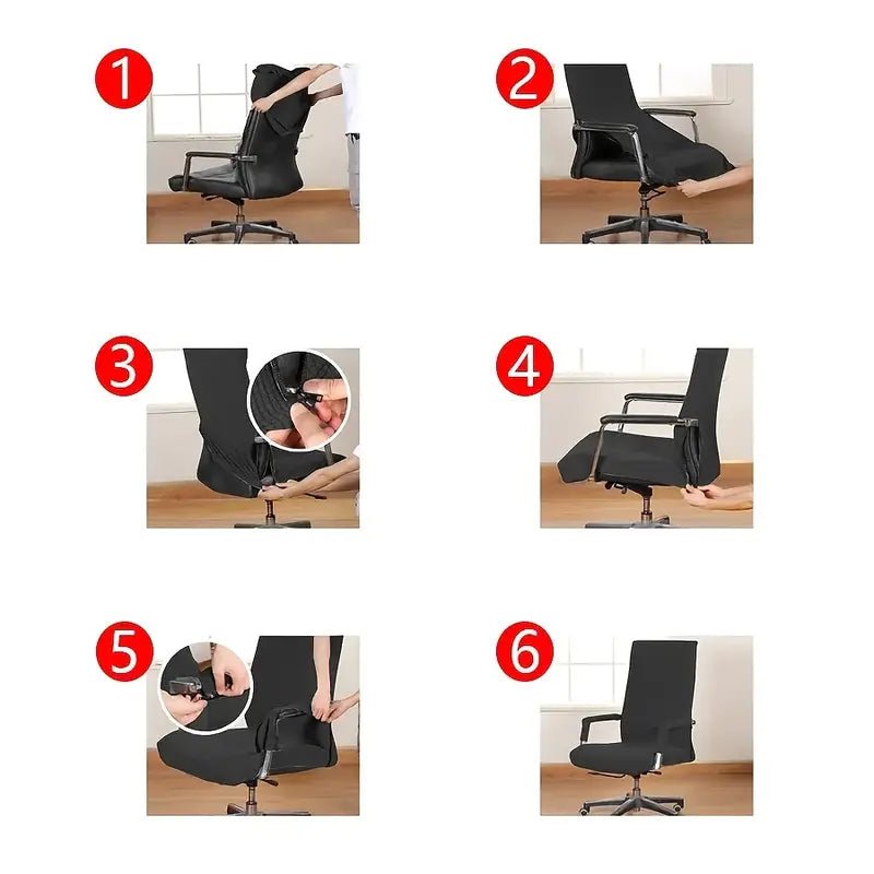 Stretchable non-slip chair cover for home office, showing a fitted fabric cover on a chair for a secure, stylish fit.