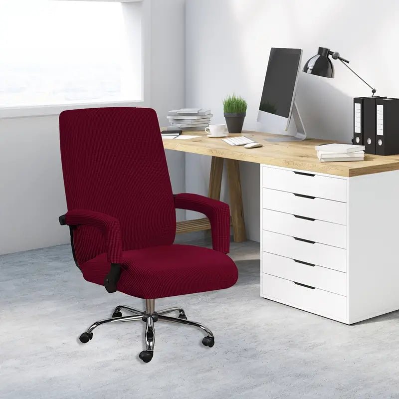 Stretchable non-slip chair cover for home office, made of durable fabric, showing a fitted chair cover on a modern office chair.
