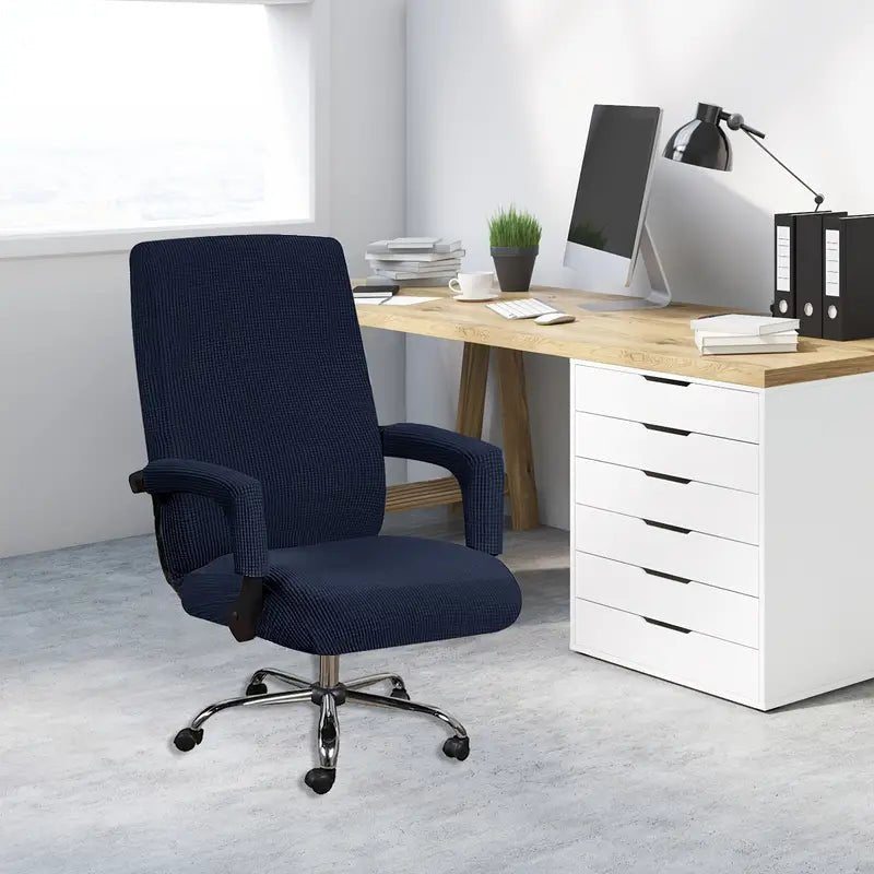 Stretchable non-slip chair cover for home office, made of soft fabric with elastic edges, fits standard chairs for a sleek look.