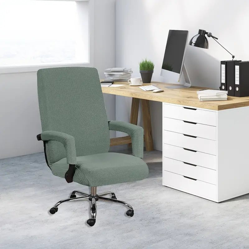 Stretchable non-slip chair cover for home office, made of durable fabric, fits standard chairs, prevents slipping and protects upholstery.