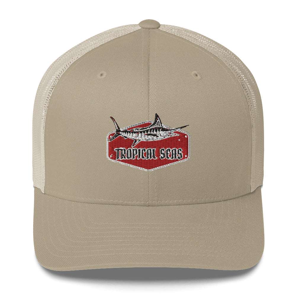 Tropical Marlin Trucker Hat with mesh back and tropical print front, adjustable snap closure, casual summer accessory.