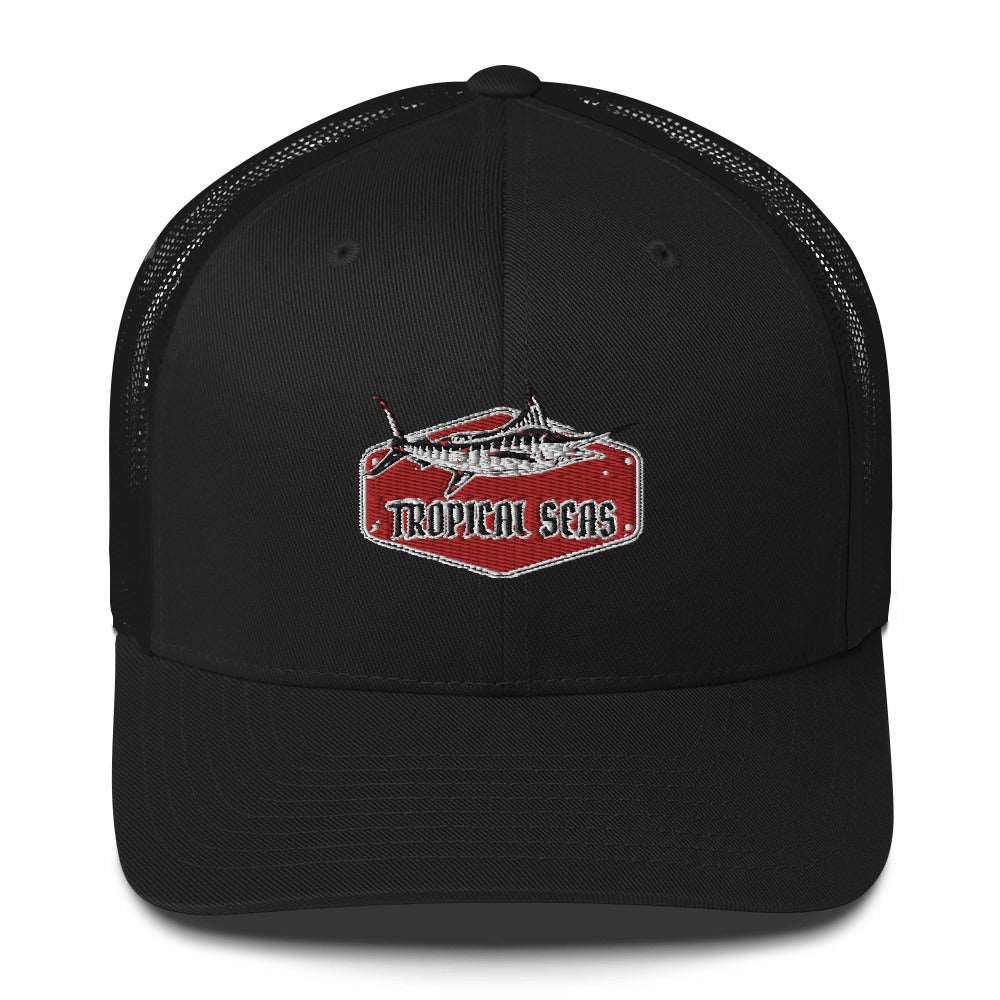 Tropical Marlin Trucker Hat with mesh back and colorful marlin design, stylish cap by My Store for casual outdoor wear.