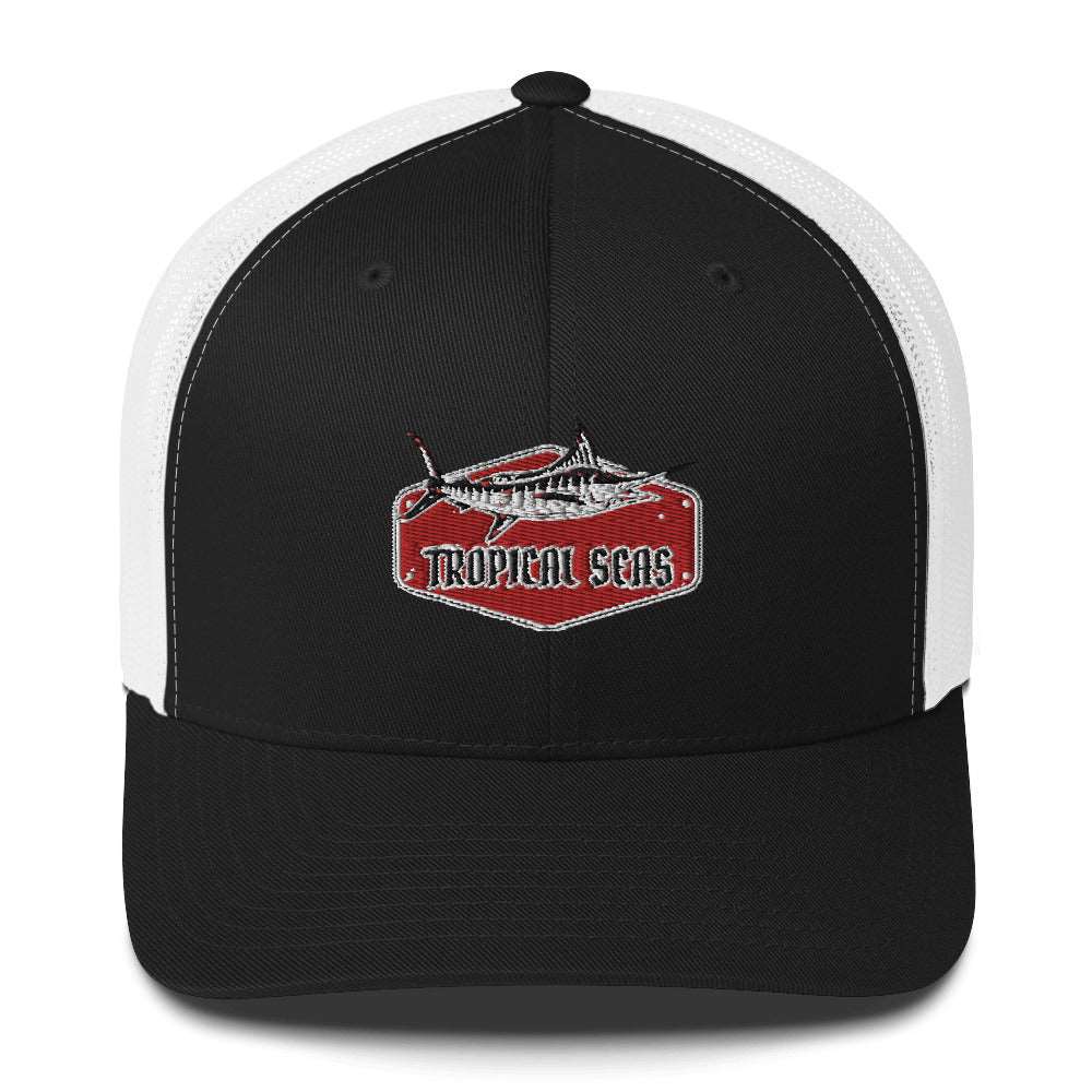 Tropical Marlin Trucker Hat with mesh back and colorful marlin design, perfect for casual outdoor wear.