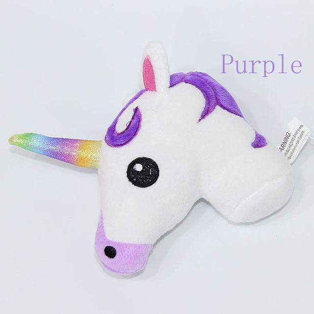Colorful unicorn ornament and rainbow pony plush horse keychain with a small gold keyring, crafted for decoration and accessories.
