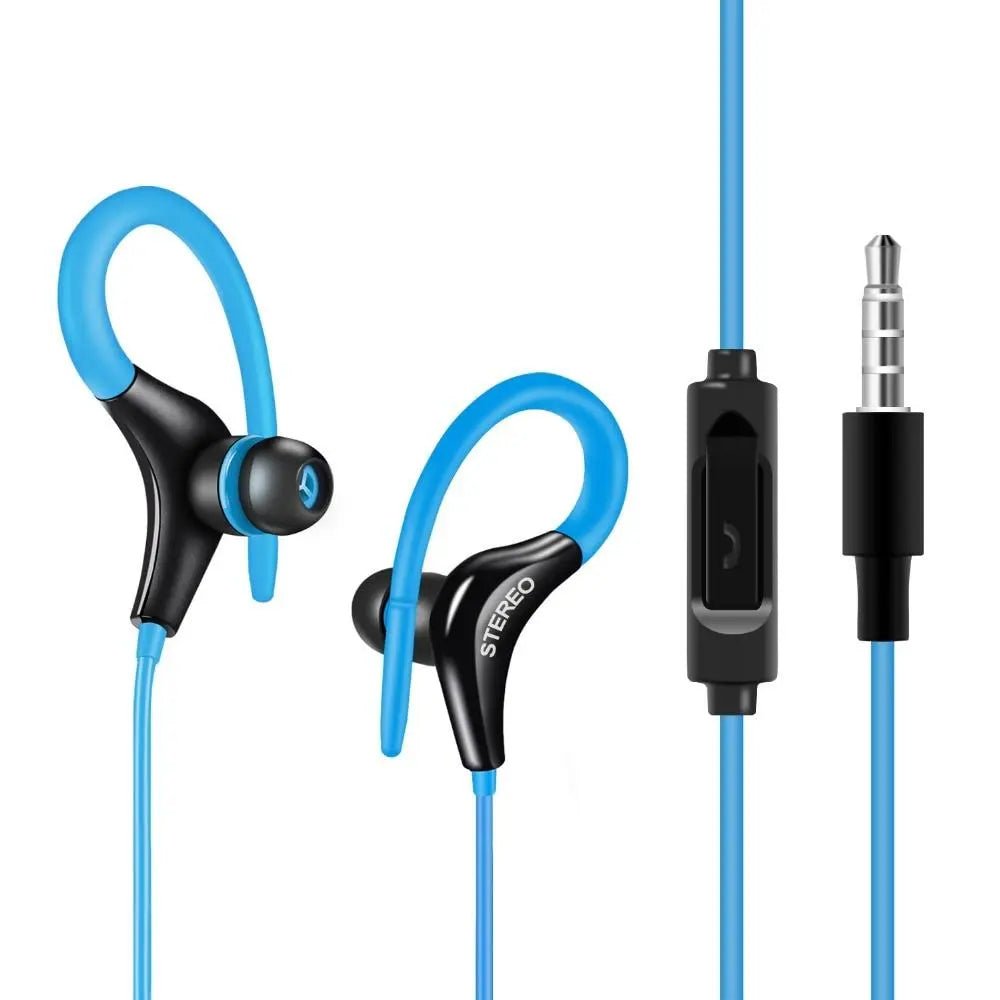 Universal in-ear sports headphones with microphone, black design, lightweight fit, and adjustable ear tips for active use.