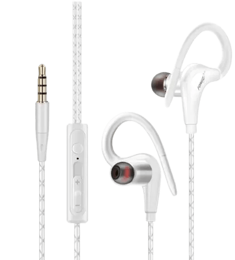 Universal in-ear sports headphones with microphone, featuring ergonomic design and adjustable fit for active use.