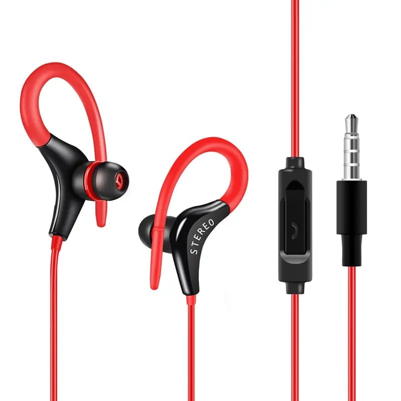 Universal in-ear sports headphones with microphone, black design, featuring comfortable ear tips and inline remote for hands-free calls.