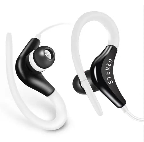 Universal in-ear sports headphones with microphone, black design, lightweight fit, and adjustable ear hooks for active use.