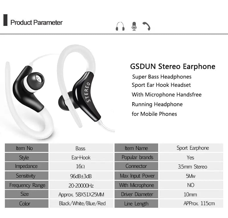 Universal in-ear sports headphones with microphone, black and red earbuds, designed for active use and hands-free calls.