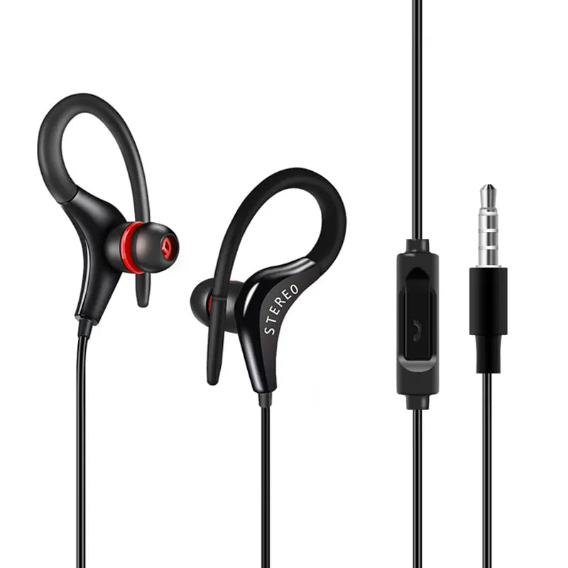Universal in-ear sports headphones with microphone, black design, wired, and ergonomic fit for active use.