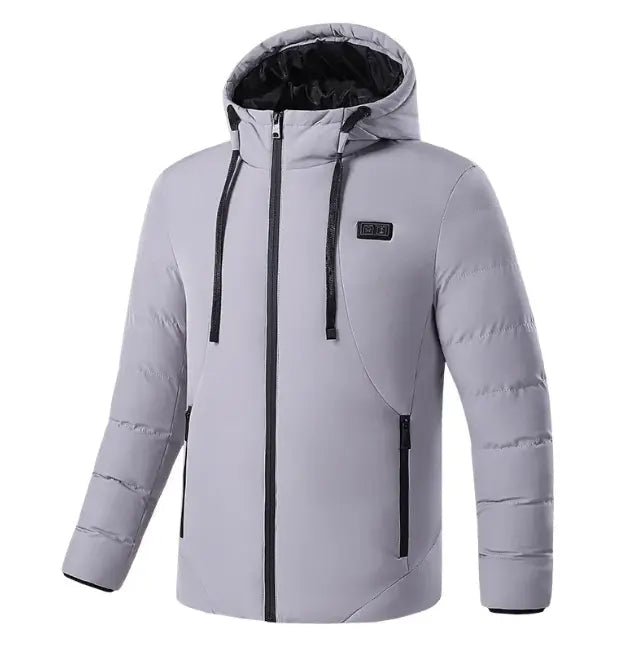 Black USB heated winter jacket by My Store with illuminated control panel and insulated design for cold weather warmth.