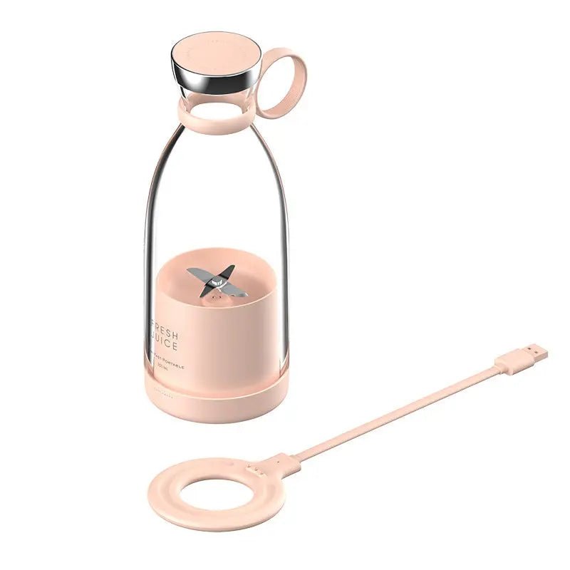 Magnetic mini portable USB juicer cup with transparent body and black lid for fresh fruit juice blending on the go
