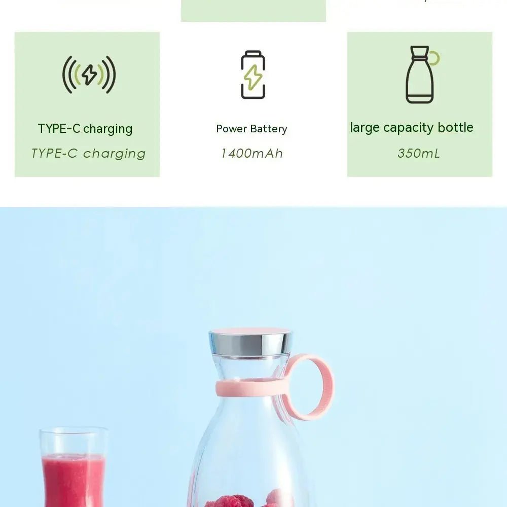 Compact USB magnetic mini portable juicer cup with stainless steel blade and transparent blending container for on-the-go juice.