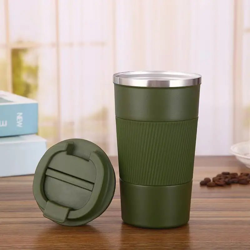 Stainless steel vacuum insulated travel mug with lid, designed for hot and cold beverages, featuring a sleek, durable finish.