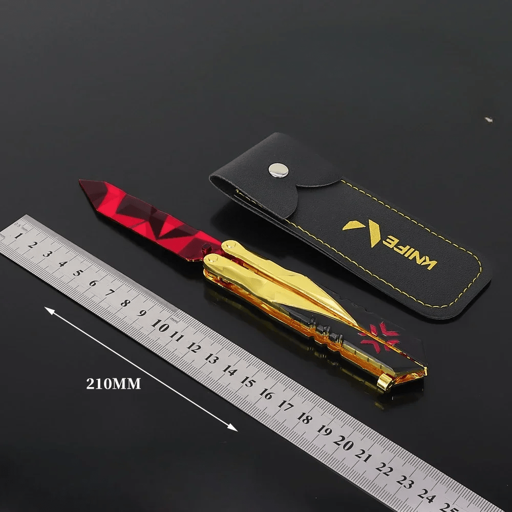 Valorant 2022 Edition Champions butterfly knife model, detailed replica of the gaming collectible with realistic design and vibrant colors.
