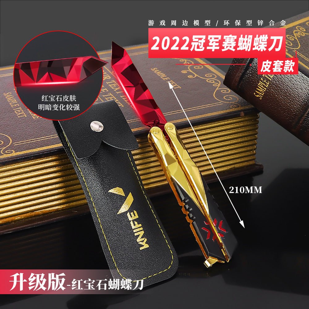 Valorant 2022 Edition Champions butterfly knife model with detailed design, black and gold finish, and realistic folding mechanism.