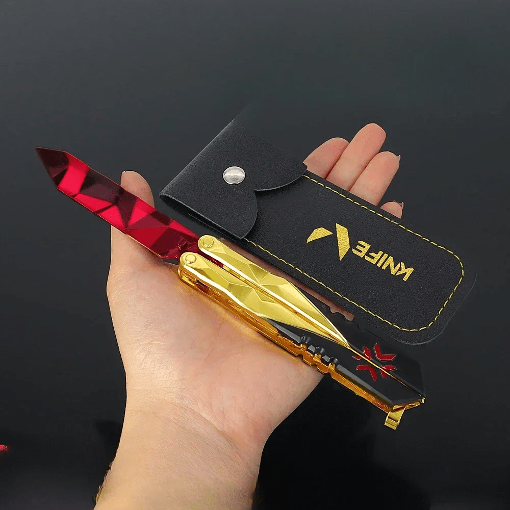 Valorant 2022 Edition Champions butterfly knife model with detailed design, featuring black and gold accents, displayed open.