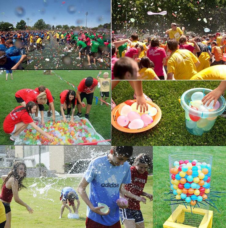 Colorful water balloons with quick fill feature for outdoor fun, shown in a bright, filled balloon ready for water play.