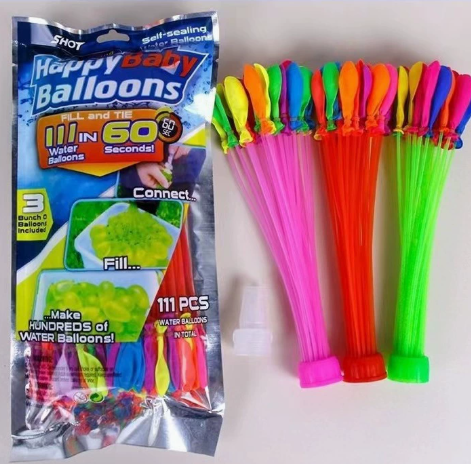 Colorful water balloons with quick fill feature for outdoor fun, arranged in a basket on a sunny day.