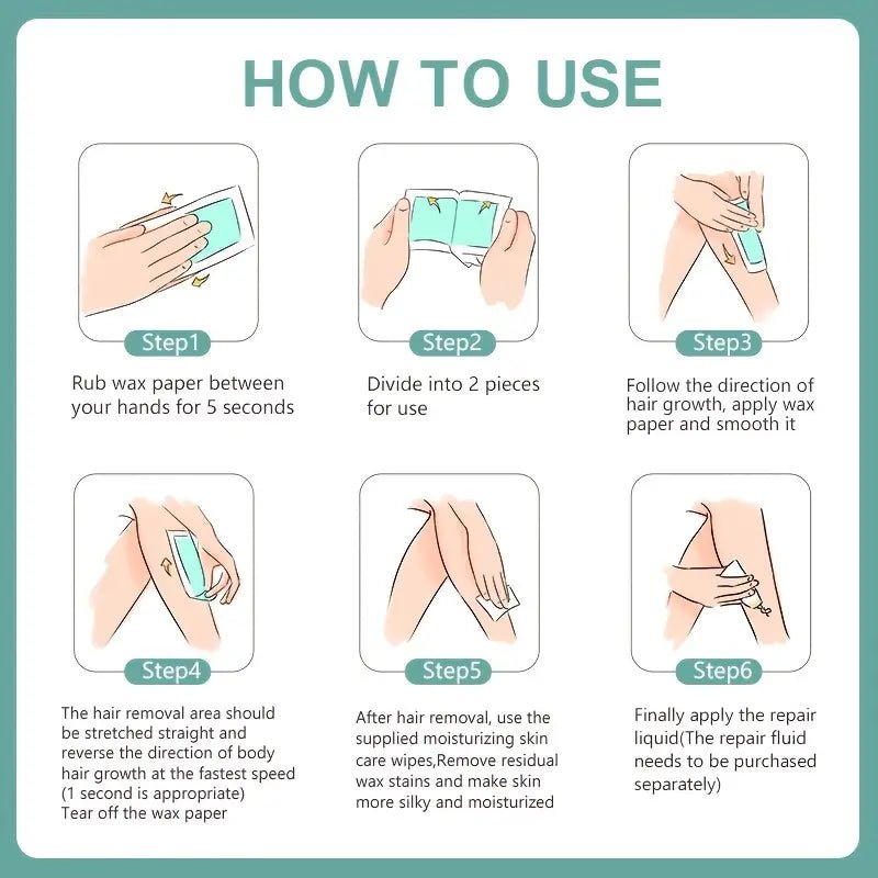 Wax strips for hair removal on face and body, by My Store, with natural beige-colored strips and hair removal application.