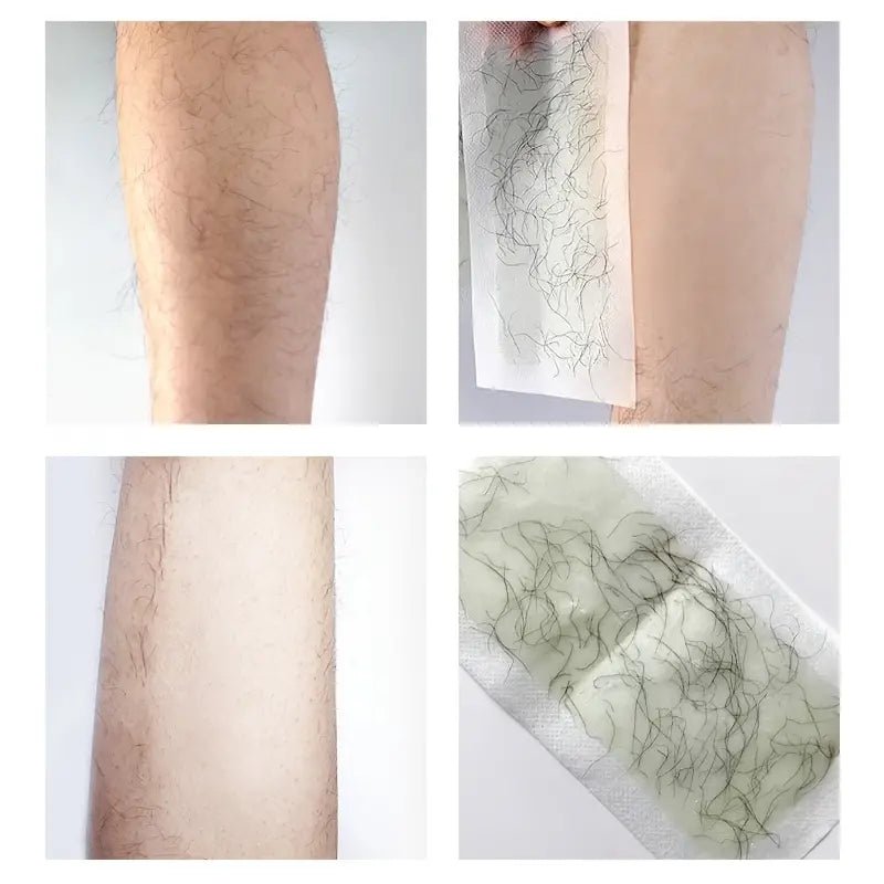 Wax strips for hair removal on face and body, designed by My Store, showing the strips ready for use on skin.