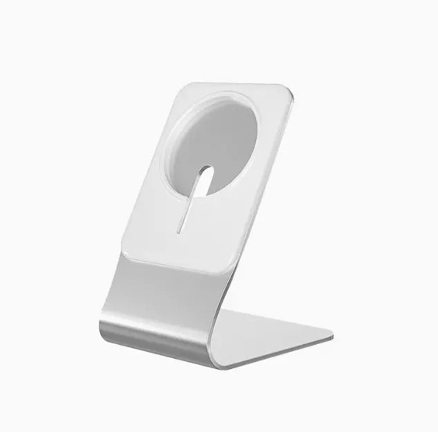 Wireless charging desktop stand for mobile phones, black, with adjustable angle and Qi-compatible charging pad.