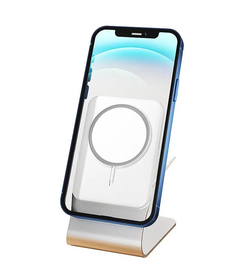 Wireless charging desktop stand for mobile phones, white, with adjustable viewing angle, compatible with Qi-enabled devices.