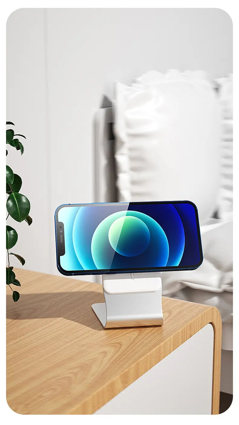 Wireless charging desktop stand for mobile phones, black My Store accessory with adjustable angle and charging pad.