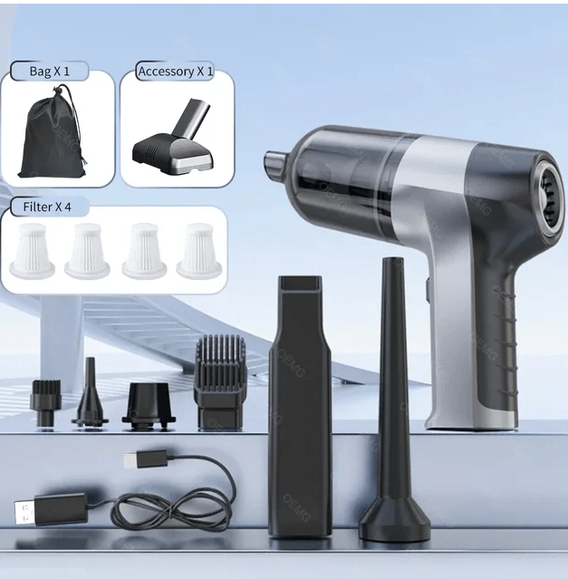 Wireless mini car vacuum cleaner for home and auto, compact design, handheld, with cleaning attachments in a single set.