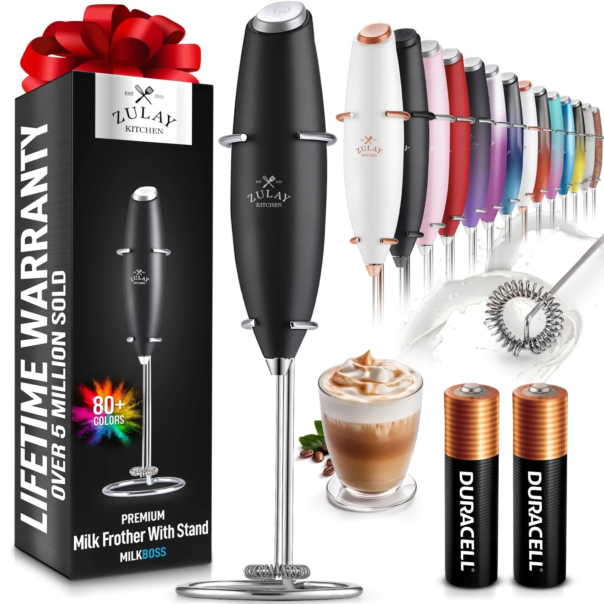 Black Zulay Kitchen milk frother wand with two Duracell batteries, handheld electric whisk for coffee, lattes, cappuccino, and hot chocolate.