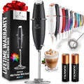 Black Zulay Kitchen electric milk frother wand with batteries, handheld foam maker for coffee, lattes, cappuccino, matcha, and hot chocolate.